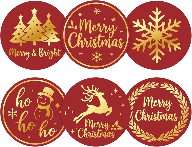 Alynta Merry Christmas Stickers - 2 Inch 120Pcs Holiday Stickers Gold Foil Merry and Bright Sticker Large Round Christmas Tree Snowflake Snowman Labels for Envelope Seals Cards Ornaments (Red) - Image 1
